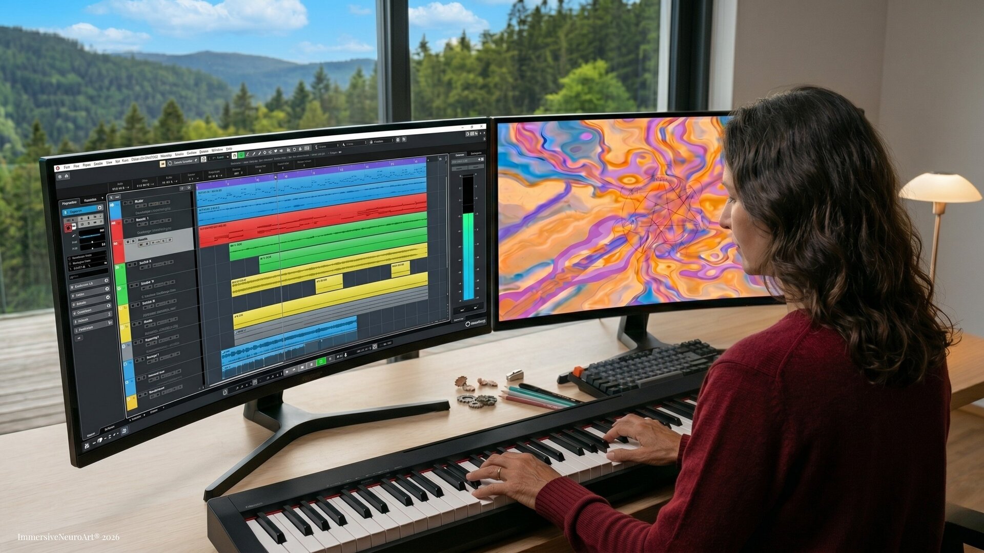 Composing in Cubase, with neurographic animation visible on the second monitor