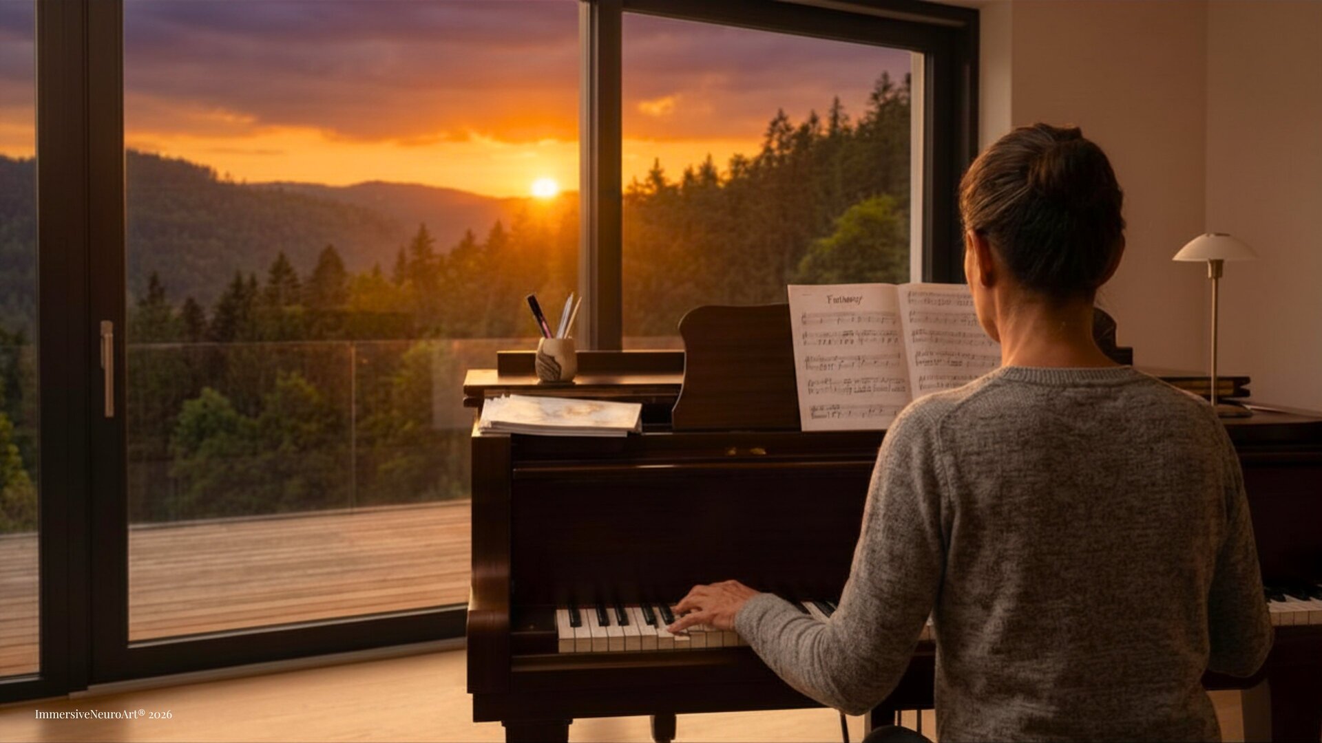 Cornelia at the piano, with neurographic sketches and sheet music, sunset over the mountains
