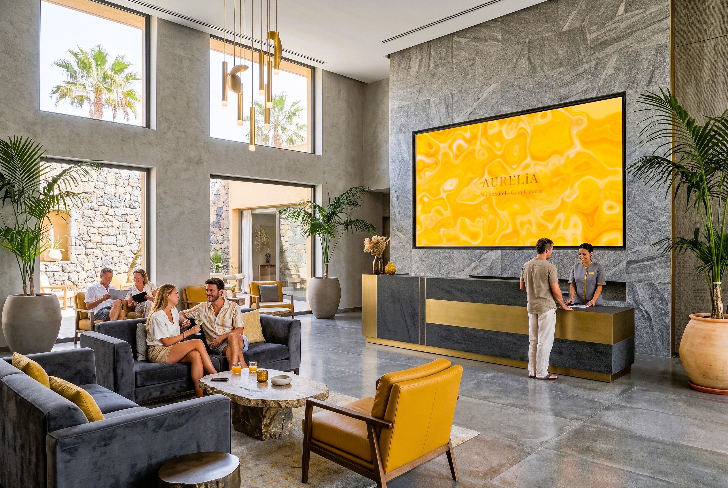 The Aurelia — elegant hotel lobby with warm lighting and ambient wall screen
