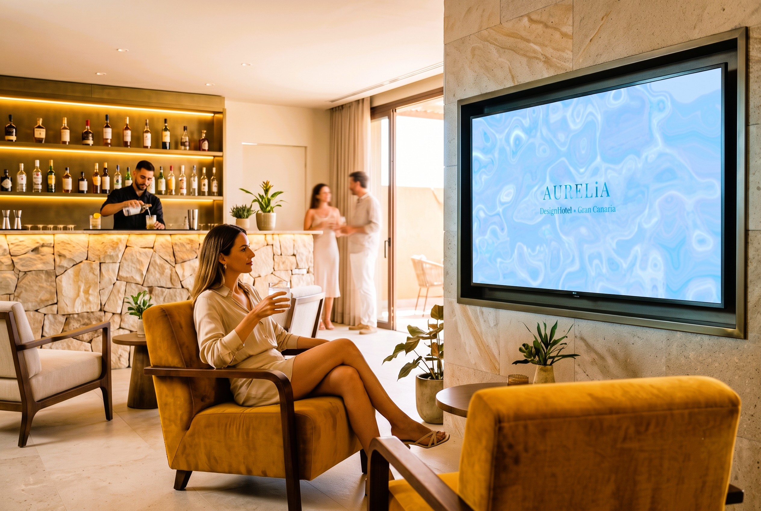 The Aurelia — hotel lounge bar with ambient lighting and wide wall screen