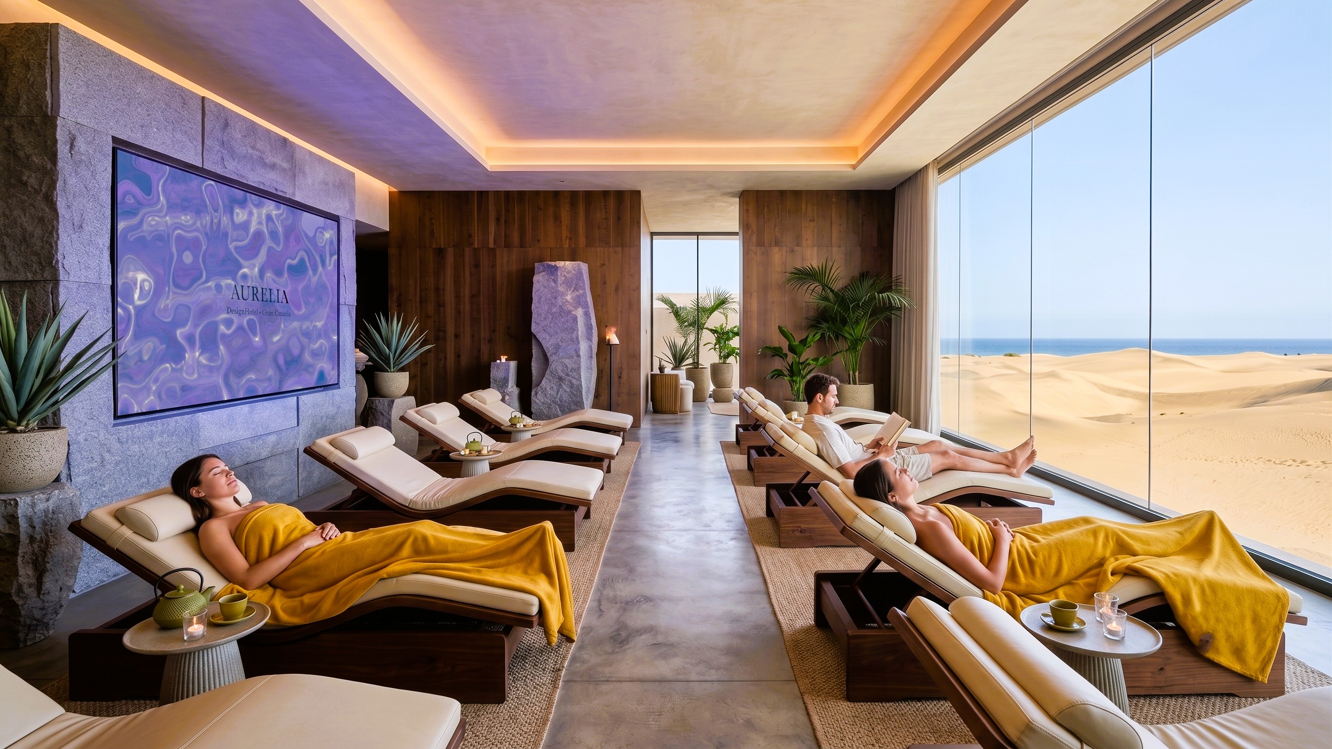 The Aurelia — spa relaxation room with dim lighting and wall-mounted ambient screen
